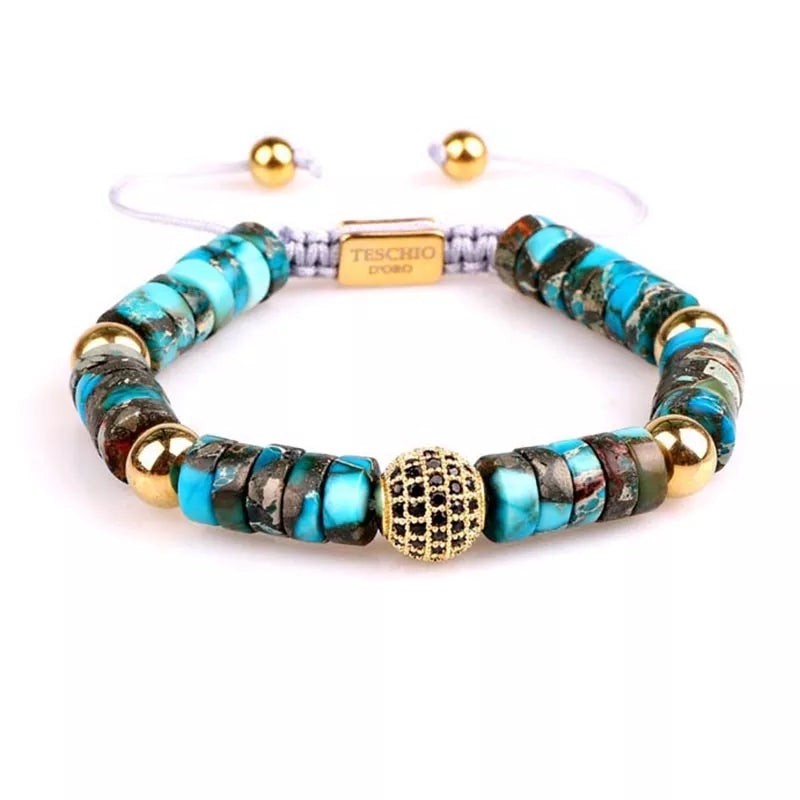 P102461 PULSERAS CON CUENCAS DE RODONITA TURQUESA E INCRUSTACIîN DE CIRCîN NEGRO.
