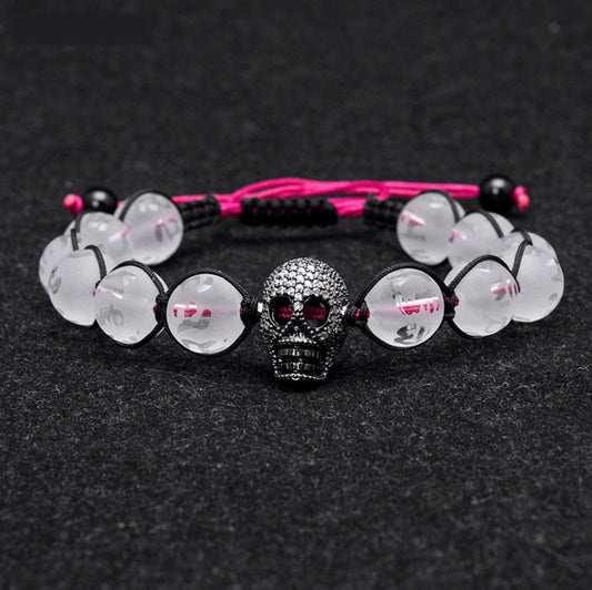 P10187 PULSERA DE CUENCAS DE VIDRIO Y CALAVERA CON CIRCîN BLANCO.