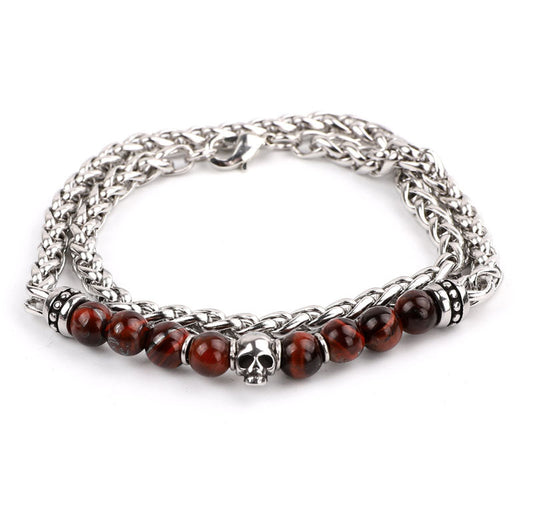 P10345B PULSERA LARGA DE ACERO INOX. CON PIEDRAS DE OJO DE TIGRE Y CALAVERA.